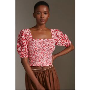 Anthropologie Smocked Eyelet Cropped Blouse Top XXS